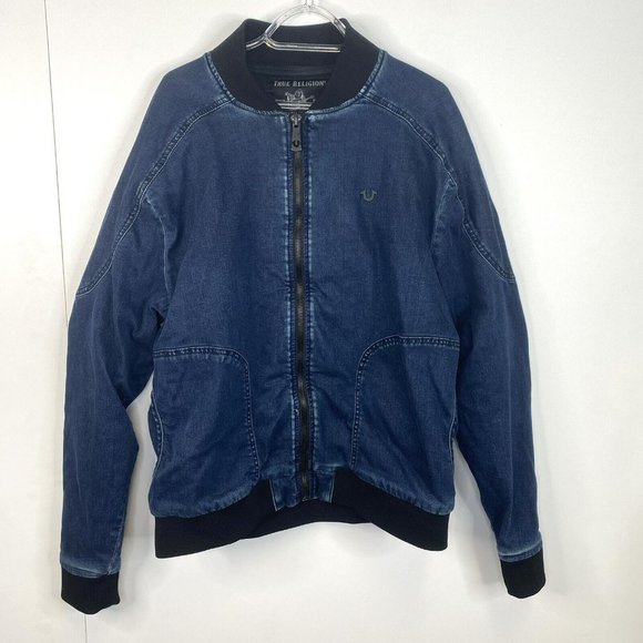 True Religion Bomber Jacket Blue Jean Denim Mens Size Large Full Zip